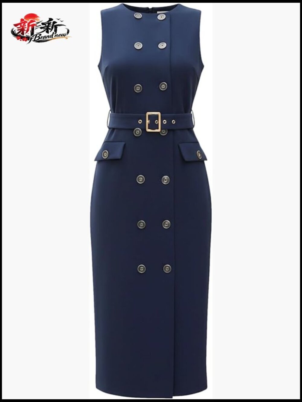 Double Breasted Sleeveless Work Dress with Belt Polyester Spandex Blend